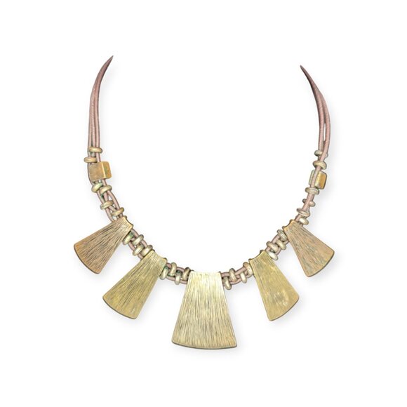 VCLM Statement Bib Necklace Gold/Brass Tone Tile Charms Beaded 21 Inch - Picture 3 of 10